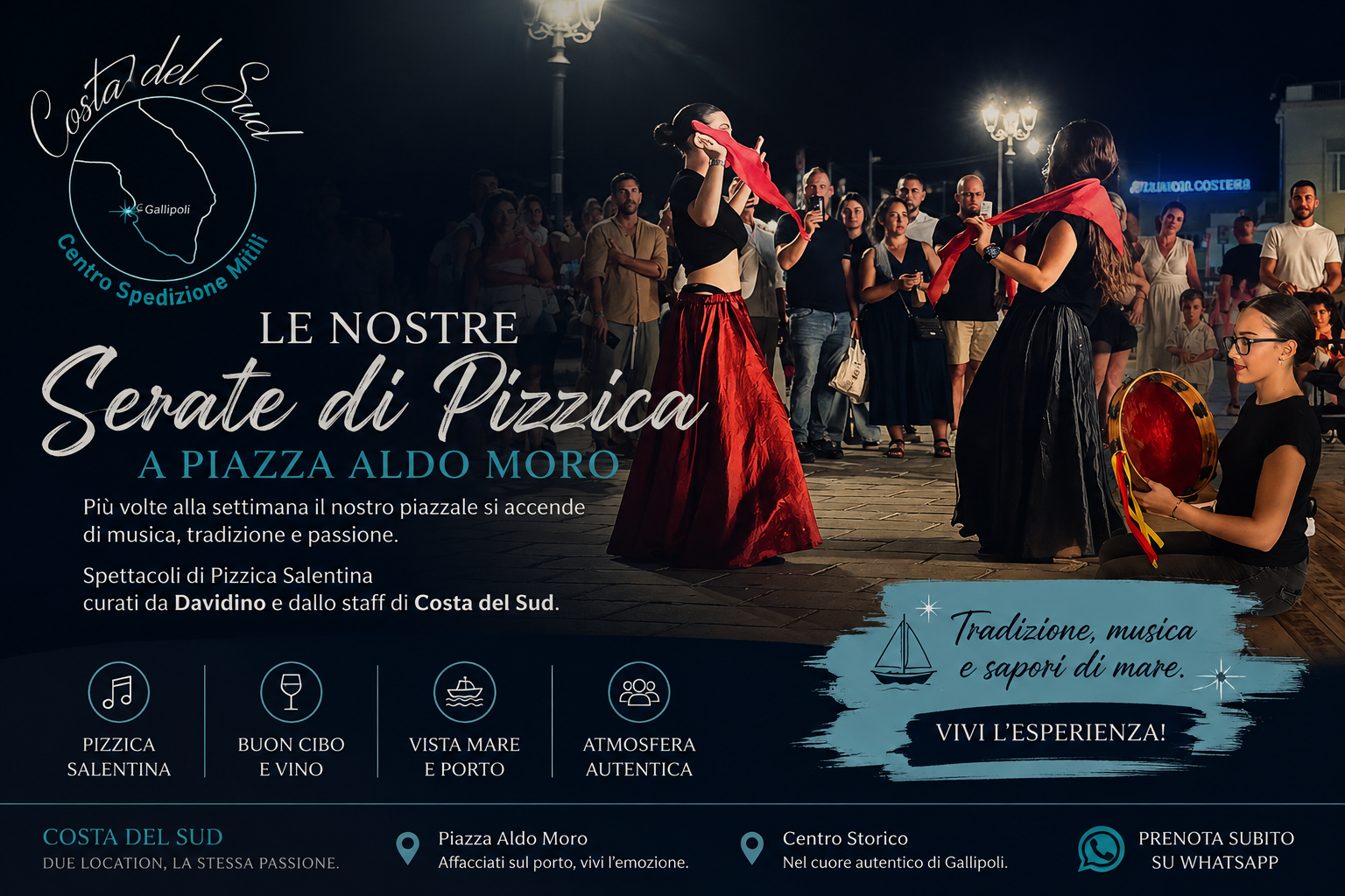 Locandina delle serate di pizzica di Costa del Sud a Piazza Aldo Moro, Gallipoli